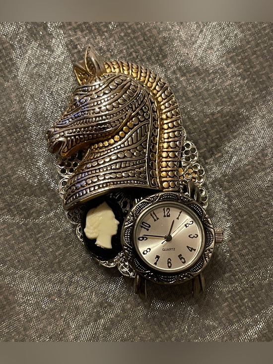 Vintage Jewelry - 90s Costume Revival Statement Victorian Quartz Watch & Equestrian Brooch Pin